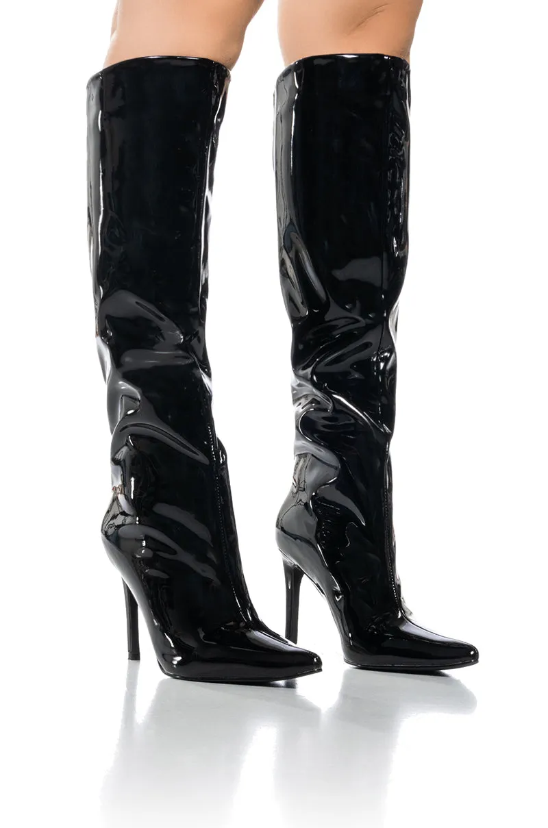 AZALEA WANG LAPPEN BLACK PATENT BOOT sold by AKIRA