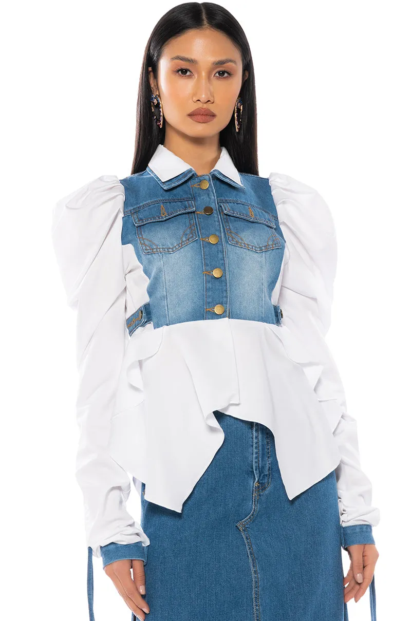 HER DENIM TOP WITH SATIN CONTRAST sold by AKIRA product image thumbnail 3