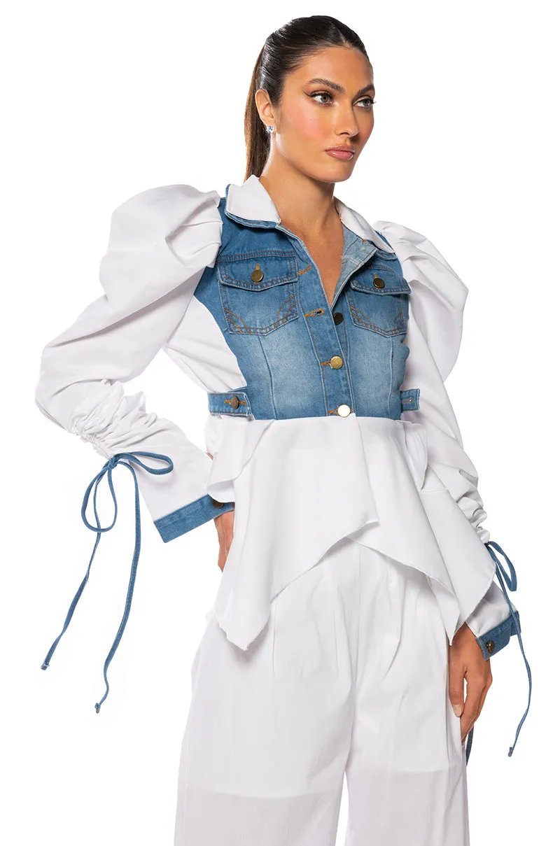 HER DENIM TOP WITH SATIN CONTRAST sold by AKIRA product image thumbnail 4