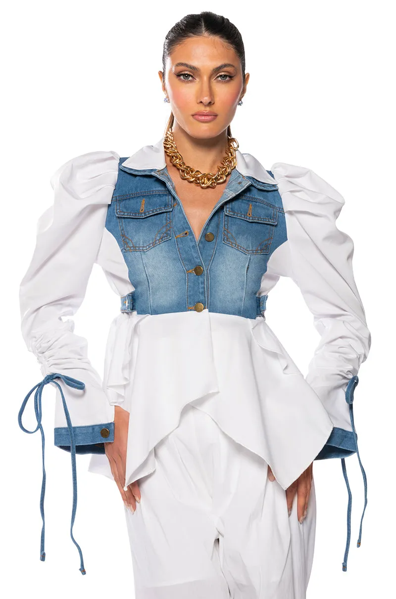 HER DENIM TOP WITH SATIN CONTRAST sold by AKIRA