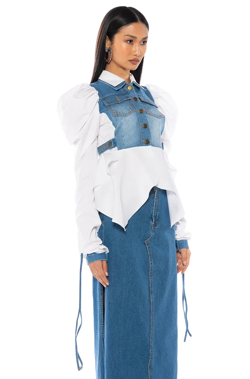 HER DENIM TOP WITH SATIN CONTRAST sold by AKIRA product image thumbnail 5
