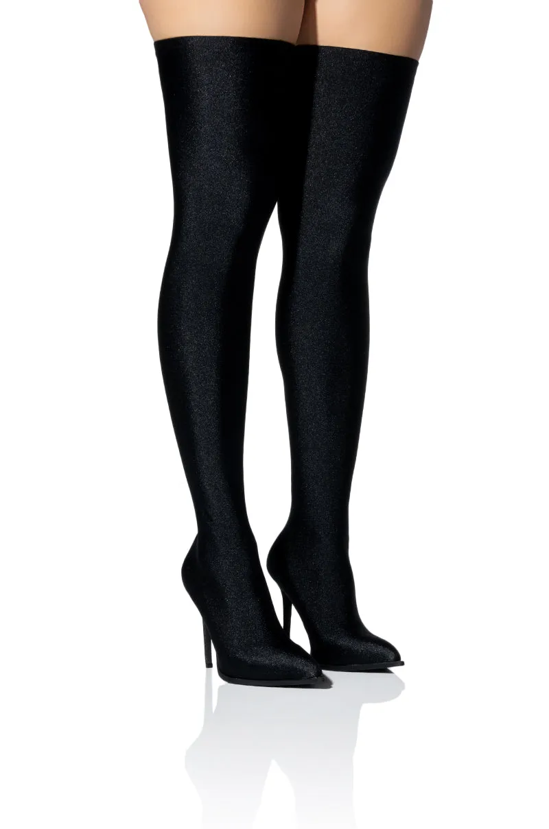 AZALEA WANG STAR STRETCH NEW LEVEL THIGH HIGH STILETTO BOOT IN BLACK sold by AKIRA