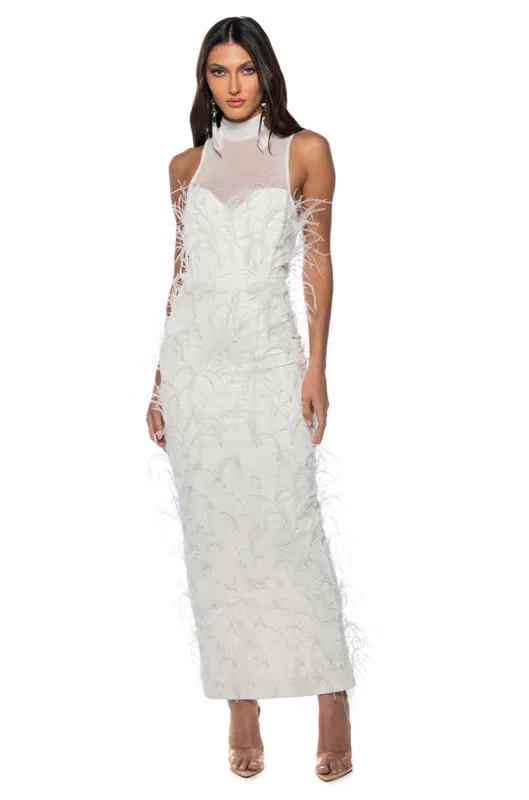 JAZZY FEATHER MAXI DRESS sold by AKIRA