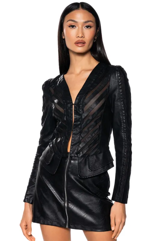 COME A LITTLE CLOSER MESH PLEATHER JACKET sold by AKIRA