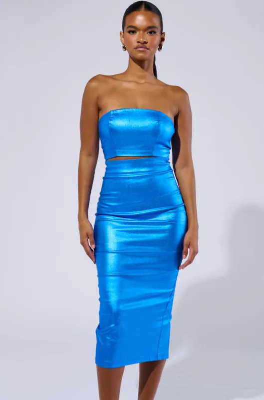 SHINE BRIGHT METALLIC BLUE MIDI DRESS sold by AKIRA