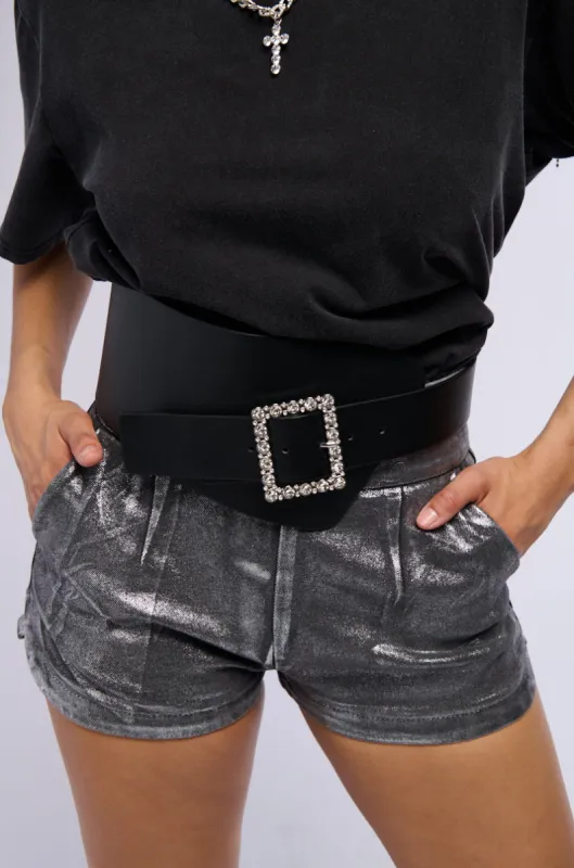 WRAPPED UP STATEMENT BELT IN BLACK SILVER sold by AKIRA