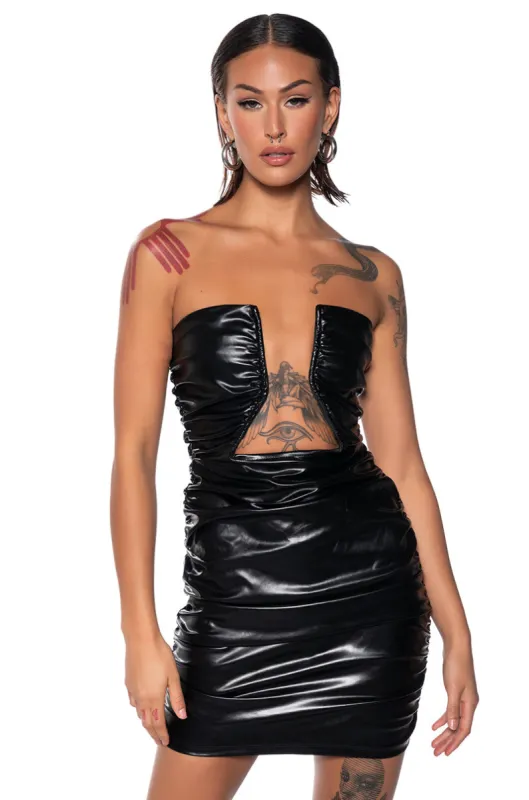 STEP OUT FAUX LEATHER MINI DRESS sold by AKIRA