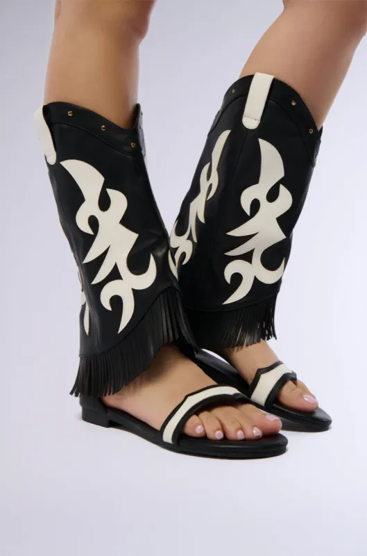 COLLINS BLACK FLAT WESTERN OPEN TOE SANDAL BOOT sold by AKIRA