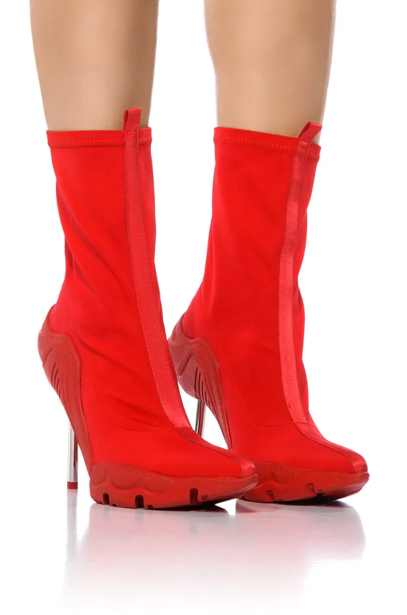 AZALEA WANG WILBER BOOTIE WITH STRETCH NEOPRENE IN RED sold by AKIRA