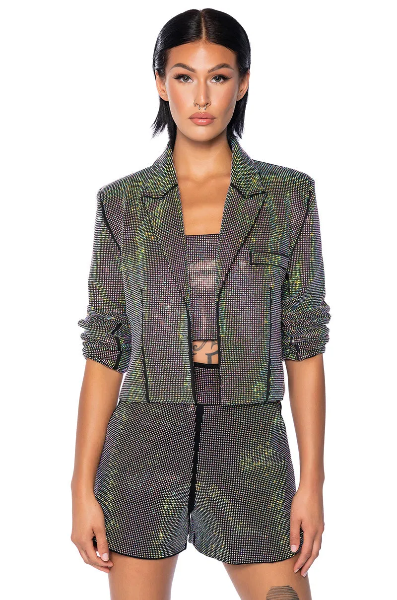 POP STAR HOT FIX RHINESTONE CROP BLAZER IN BLACK sold by AKIRA
