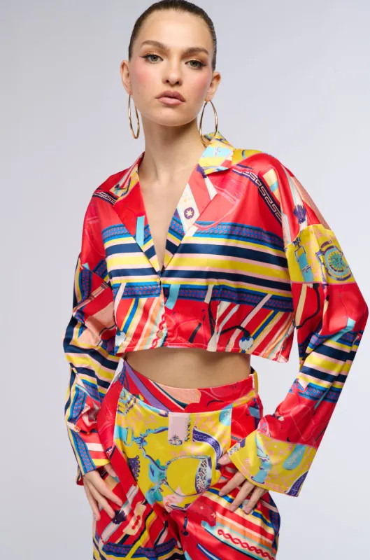 MULTI PRINTED CROPPED BUTTON DOWN sold by AKIRA