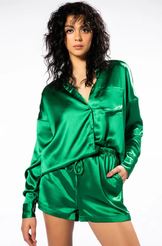 YOU WISH SATIN LONG SLEEVE BUTTON DOWN TOP sold by AKIRA