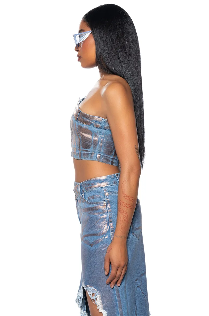DIVINE TIMING CROPPED METALLIC DENIM TOP sold by AKIRA product image thumbnail 5