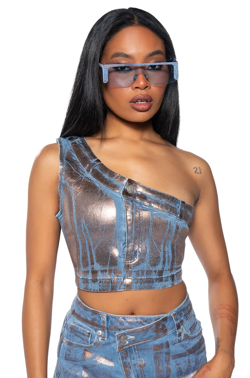 DIVINE TIMING CROPPED METALLIC DENIM TOP sold by AKIRA
