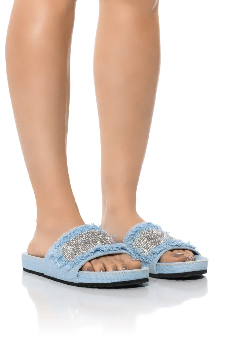 VISE EMBELLISHED SLIP ON DENIM SANDAL IN LIGHT BLUE sold by AKIRA