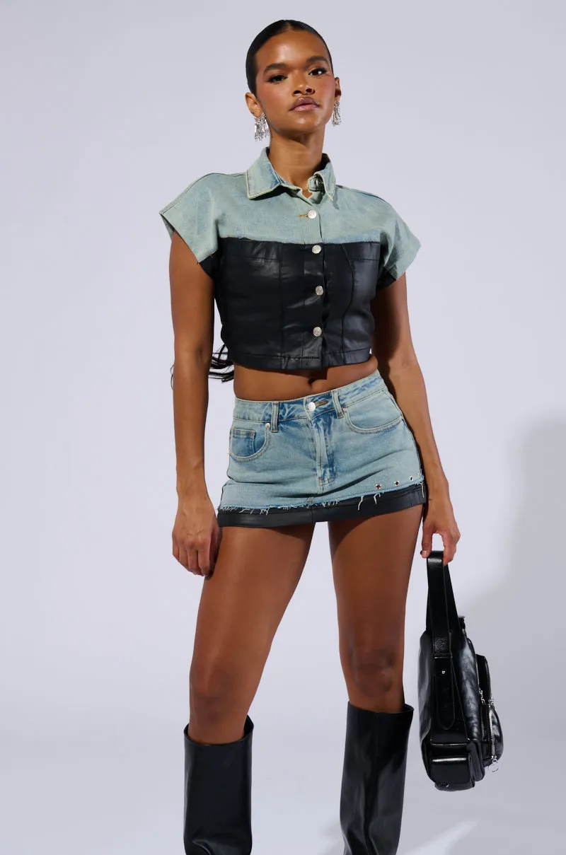 YOU GIVE ME DENIM MINI SKIRT sold by AKIRA