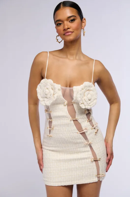 THINKING LESS PIN EMBELLISHED TWEED MINI DRESS IN WHITE sold by AKIRA