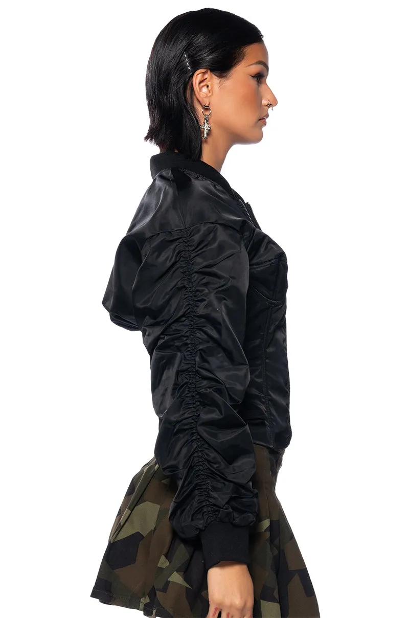 FITTED BOMBER WITH ADJUSTABLE SIDE LACE sold by AKIRA product image thumbnail 4