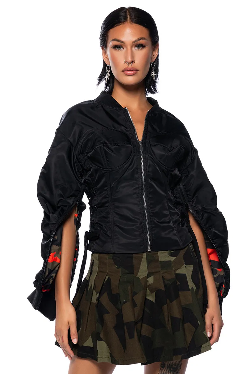FITTED BOMBER WITH ADJUSTABLE SIDE LACE sold by AKIRA