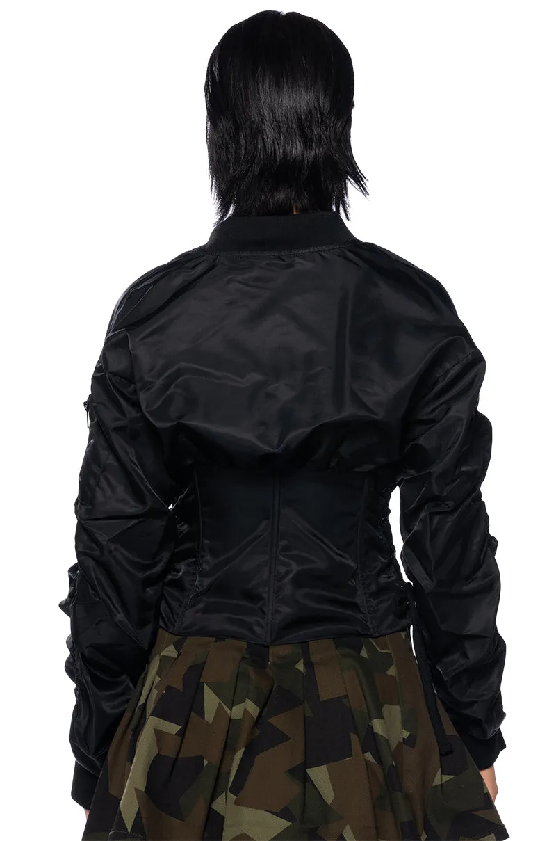 FITTED BOMBER WITH ADJUSTABLE SIDE LACE sold by AKIRA product image thumbnail 5