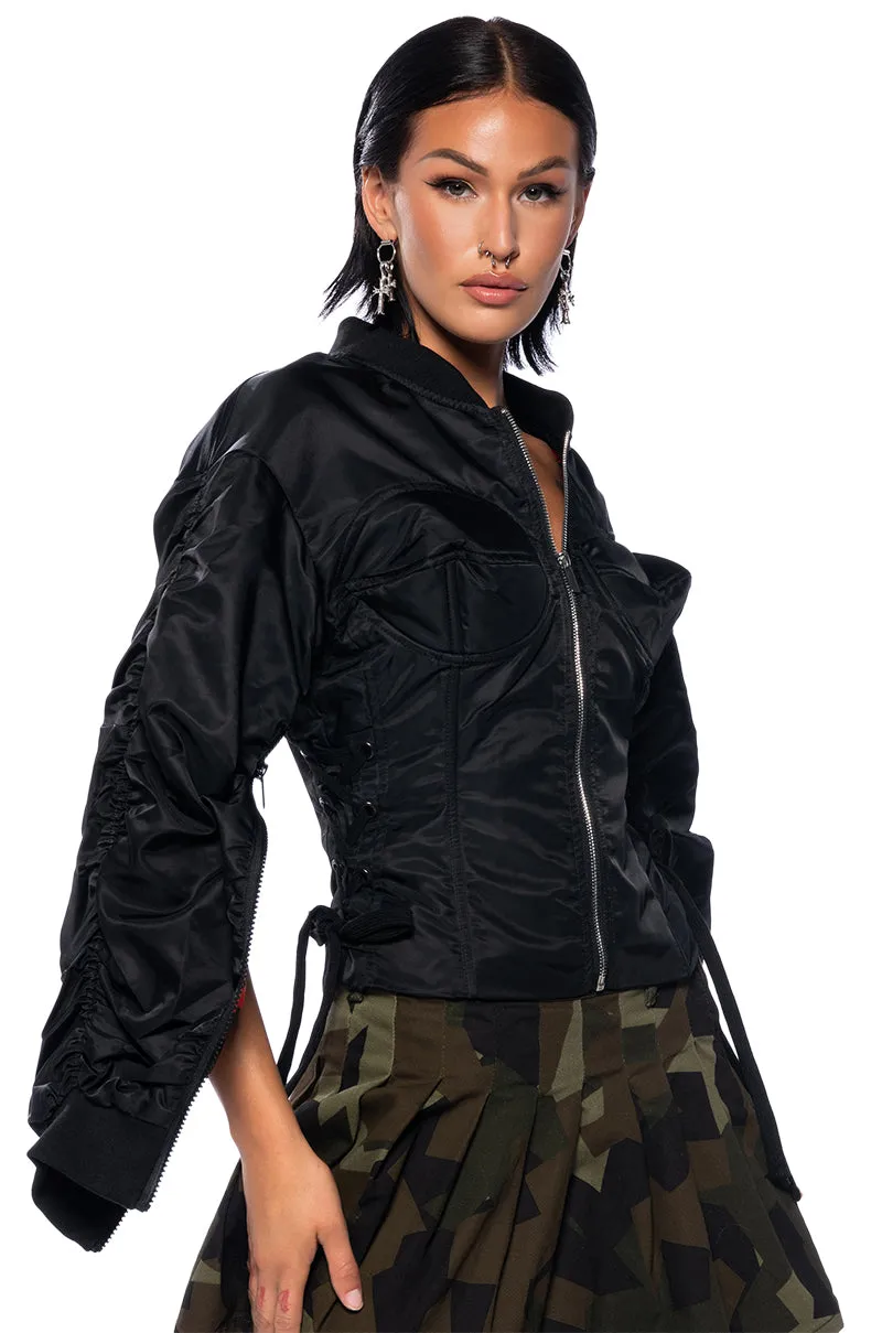 FITTED BOMBER WITH ADJUSTABLE SIDE LACE sold by AKIRA product image thumbnail 2