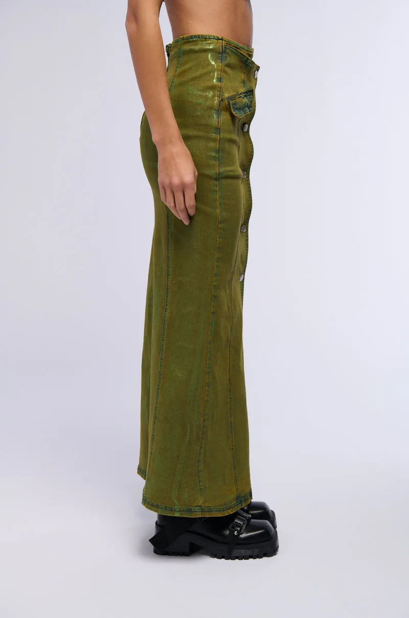 SHES GLOWING METALLIC DENIM MAXI SKIRT sold by AKIRA product image thumbnail 3