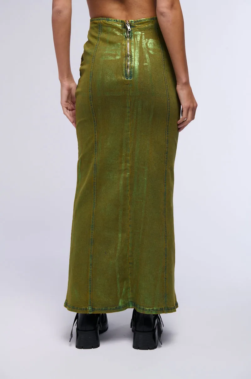 SHES GLOWING METALLIC DENIM MAXI SKIRT sold by AKIRA product image thumbnail 4
