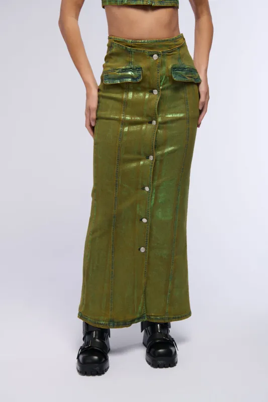 SHES GLOWING METALLIC DENIM MAXI SKIRT sold by AKIRA