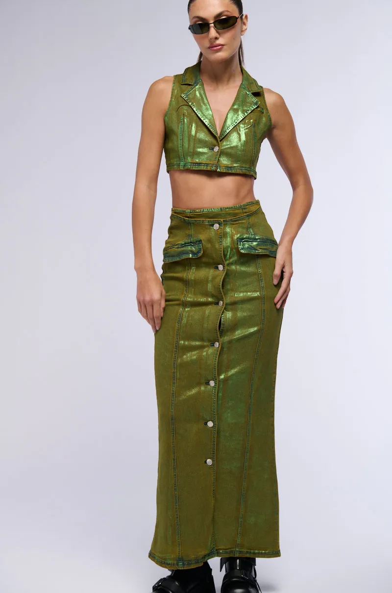 SHES GLOWING METALLIC DENIM MAXI SKIRT sold by AKIRA product image thumbnail 5