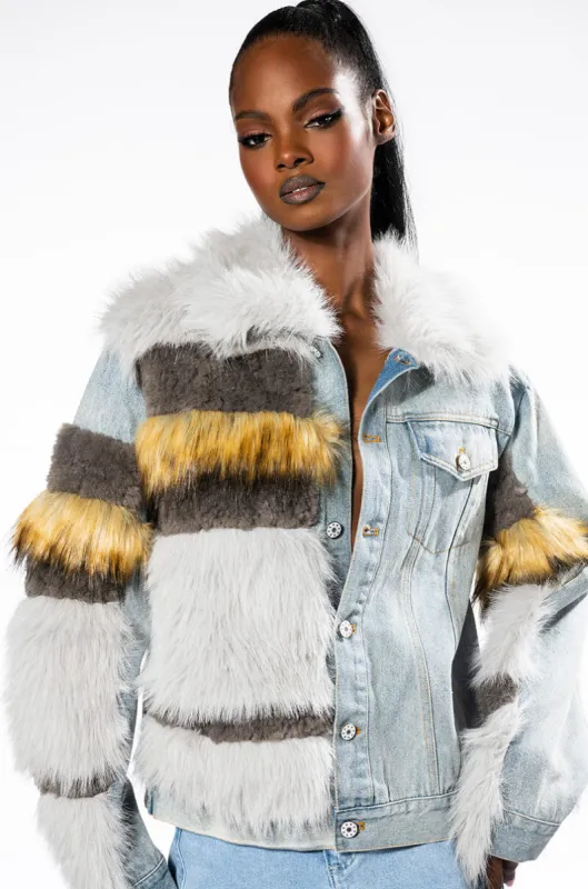BIA FAUX FUR LAYERED DENIM sold by AKIRA