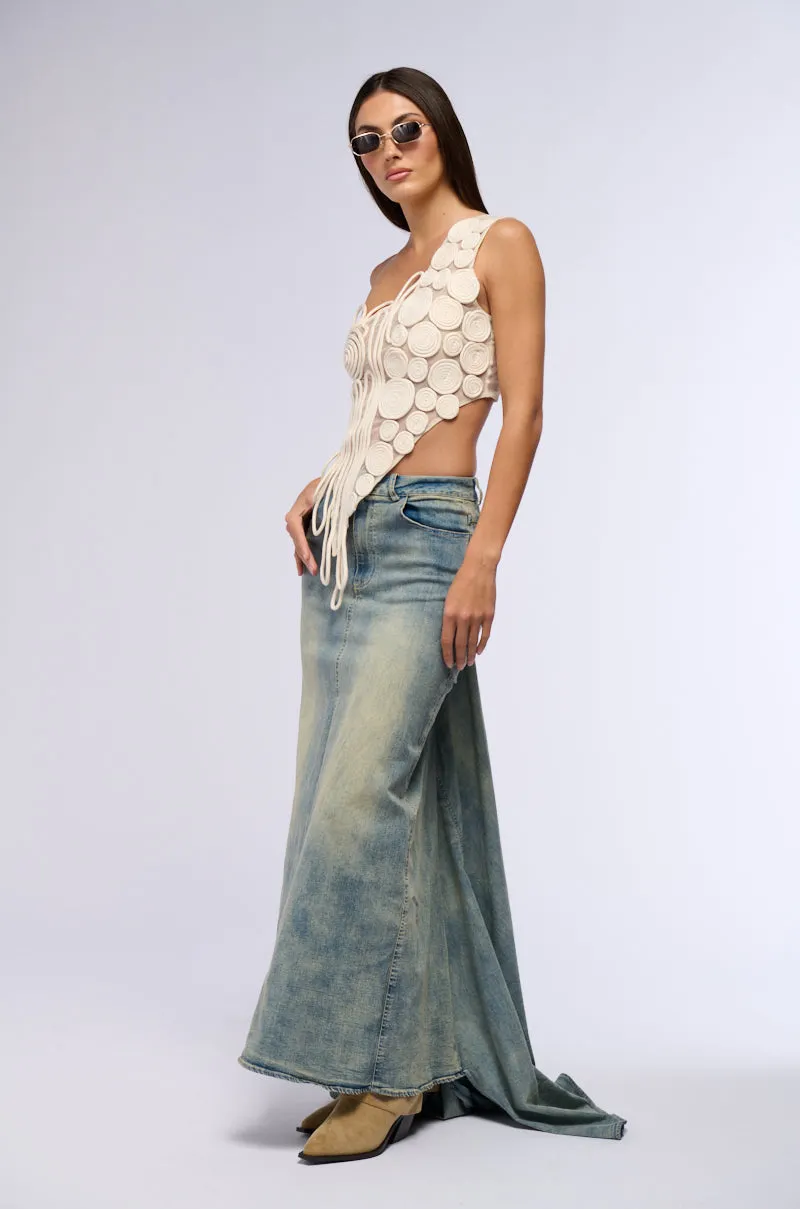 OH THE DRAMA DENIM MAXI SKIRT WITH TRAIN sold by AKIRA product image thumbnail 4
