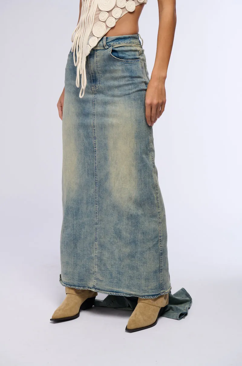 OH THE DRAMA DENIM MAXI SKIRT WITH TRAIN sold by AKIRA