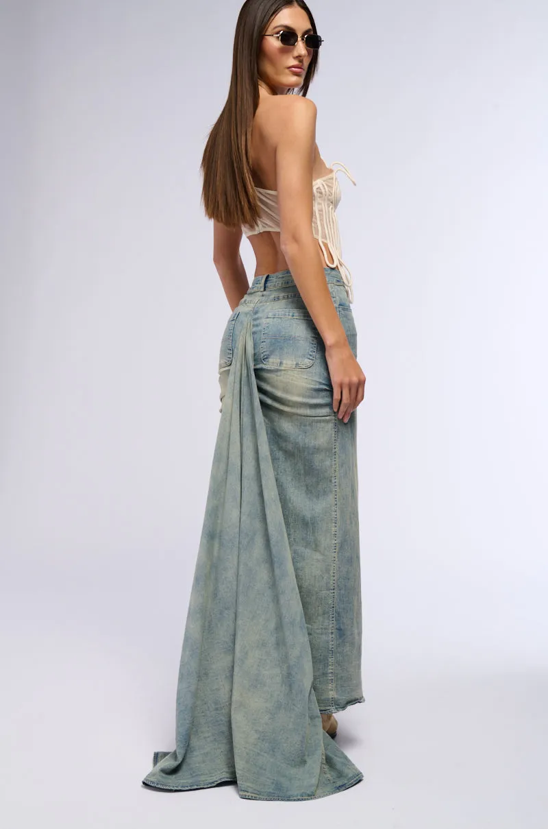 OH THE DRAMA DENIM MAXI SKIRT WITH TRAIN sold by AKIRA product image thumbnail 5