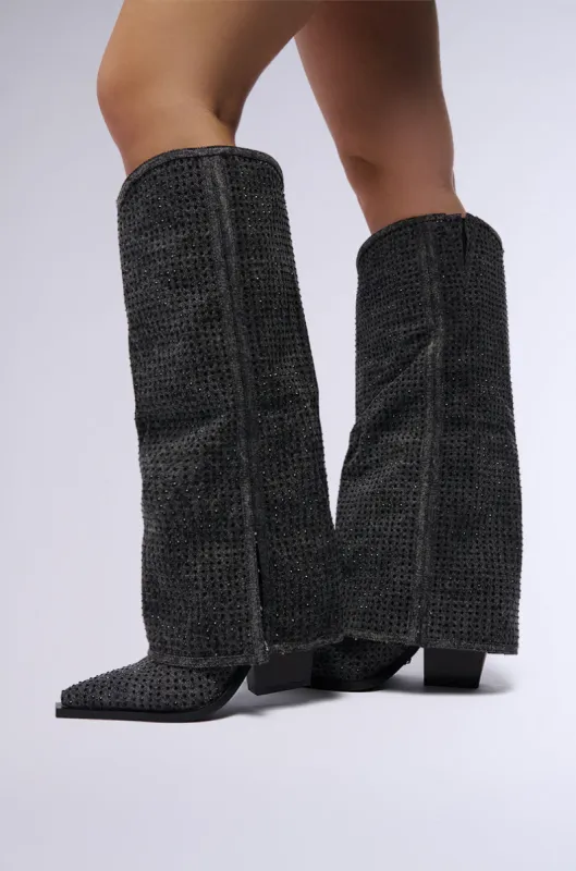 AZALEA WANG CALCIFER GRAY RHINESTONE AND DENIM WESTERN BOOT sold by AKIRA