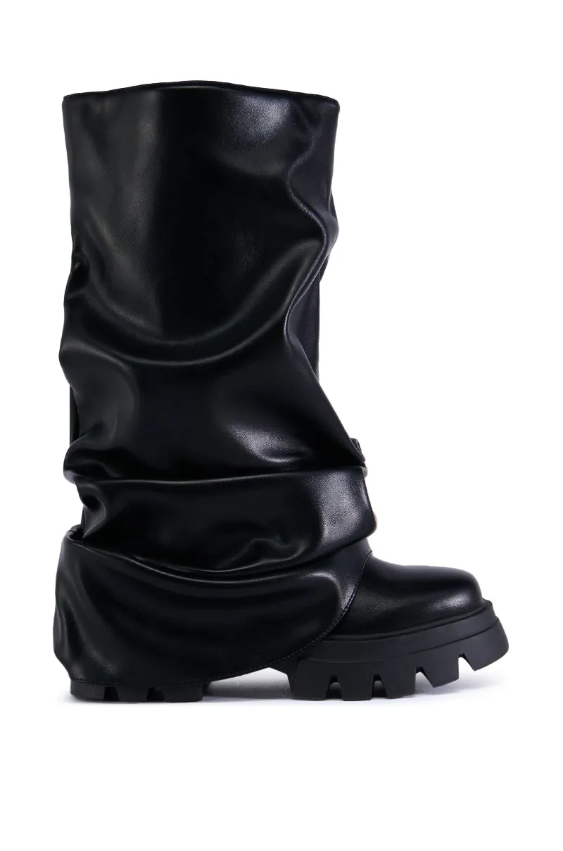 AZALEA WANG MATE BLACK RUCHED BOOT sold by AKIRA