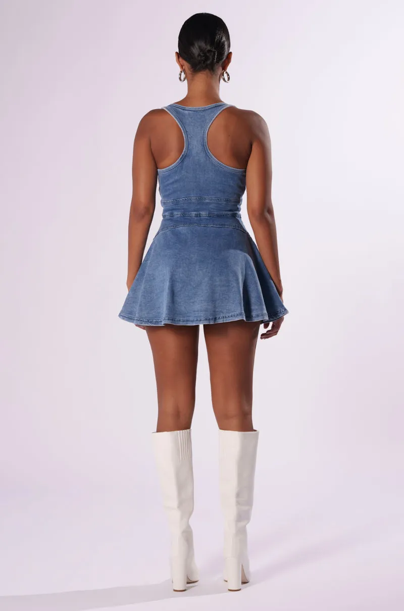 VIVIAN DENIM MINI DRESS IN BLUE sold by AKIRA product image thumbnail 4