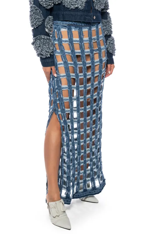 CHECK ON ME CUT OUT DENIM MIDI SKIRT sold by AKIRA