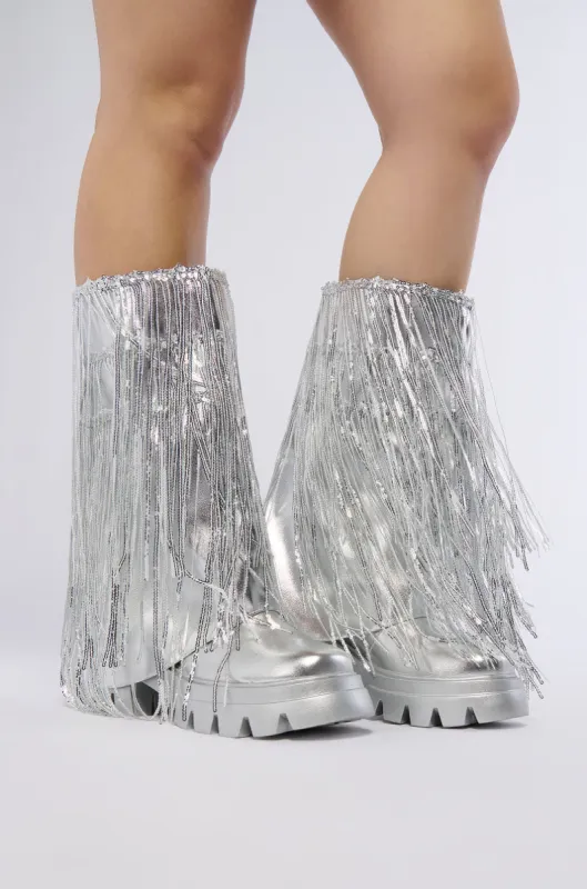 AZALEA WANG CYNDRA SILVER FRINGE BOOT sold by AKIRA
