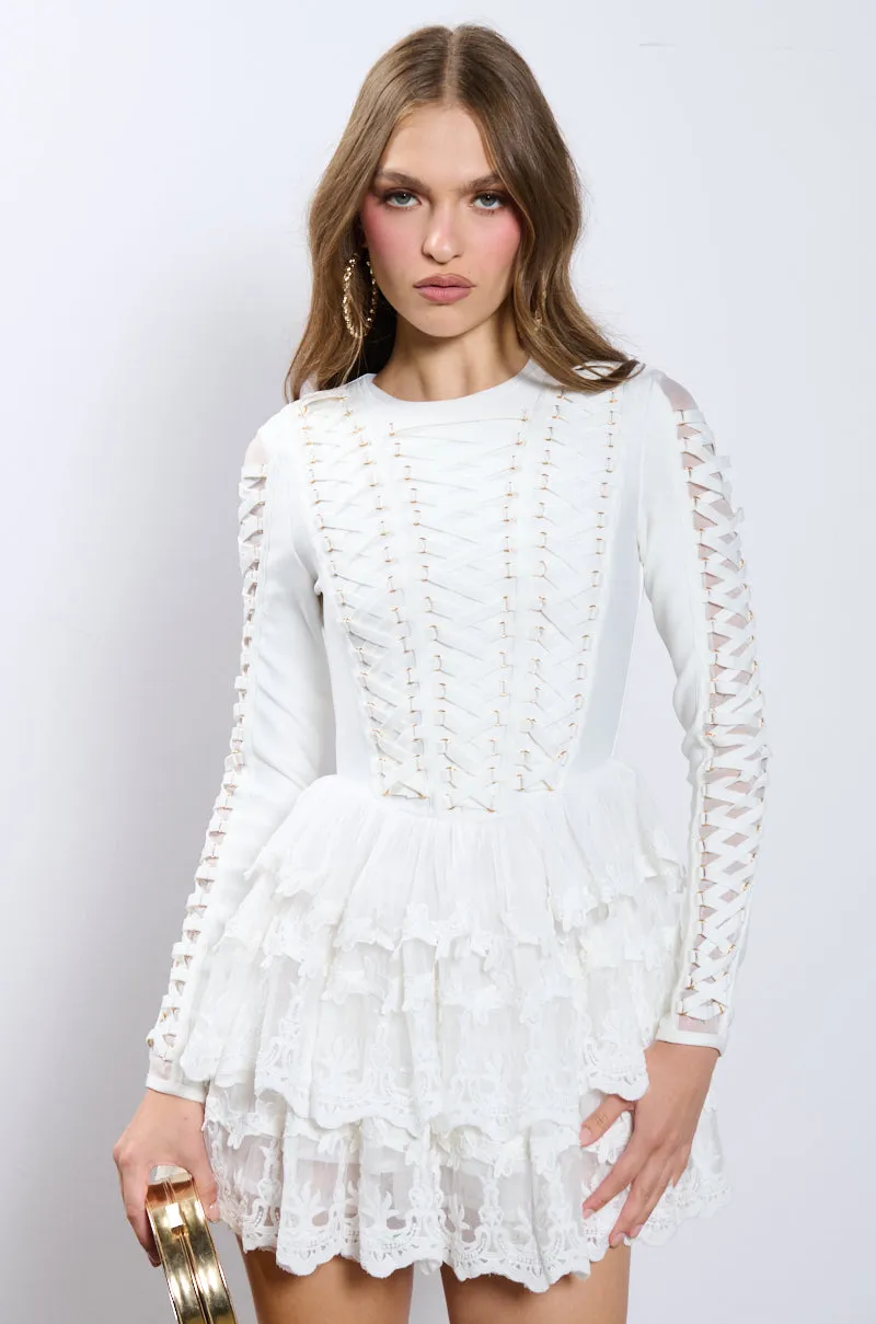 CHIC AF LACE AND BANDAGE LAYERED MINI DRESS sold by AKIRA
