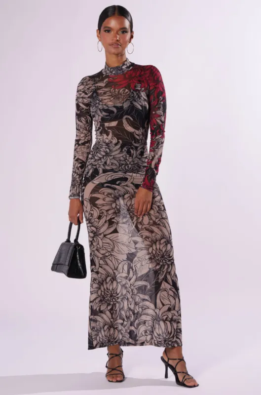 CHARMING PRINTED MESH MAXI DRESS sold by AKIRA