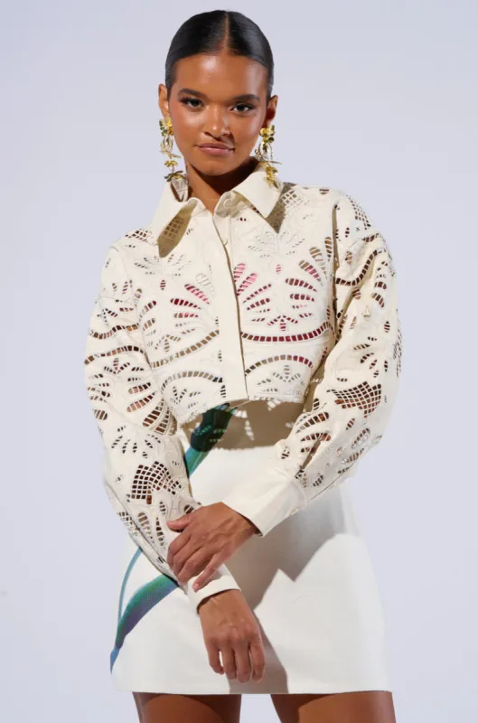 FEEL THE VIBE BUTTON DOWN FAUX LEATHER CROPPED BLOUSE sold by AKIRA