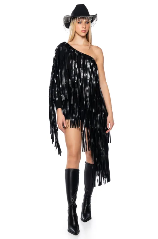 DESTINY PU FRINGE ONE SHOULDER TOP sold by AKIRA