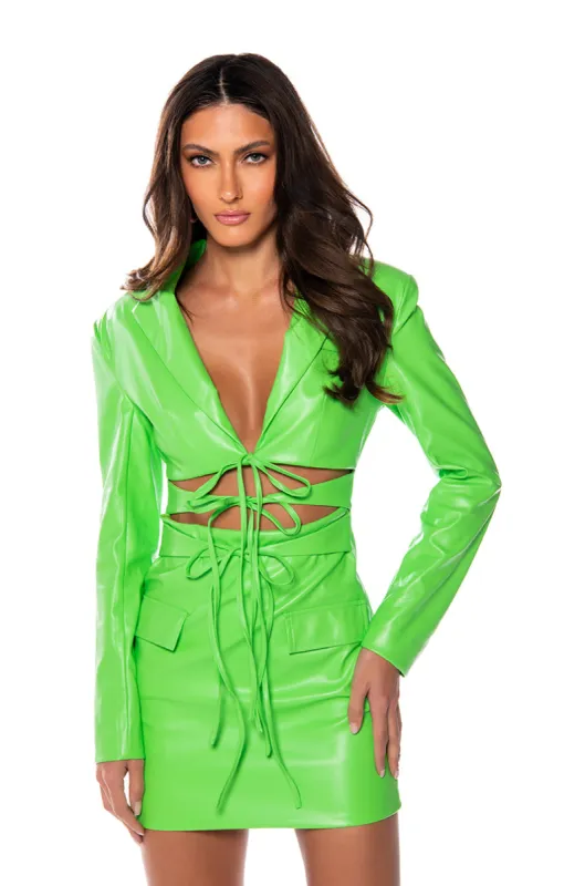 WAVE CUT OUT DETAIL FAUX LEATHER BLAZER DRESS sold by AKIRA