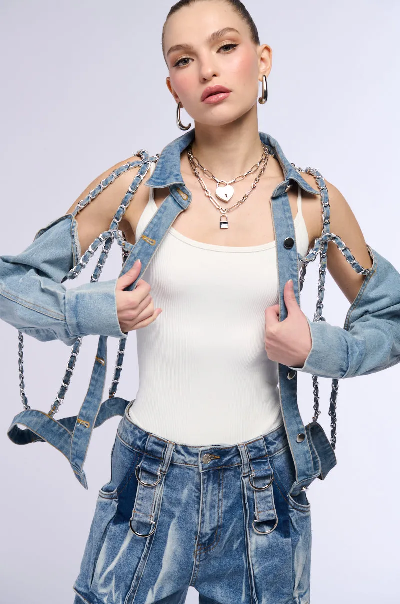 CAGED DENIM AND EXPOSED BODICE JACKET sold by AKIRA product image thumbnail 2