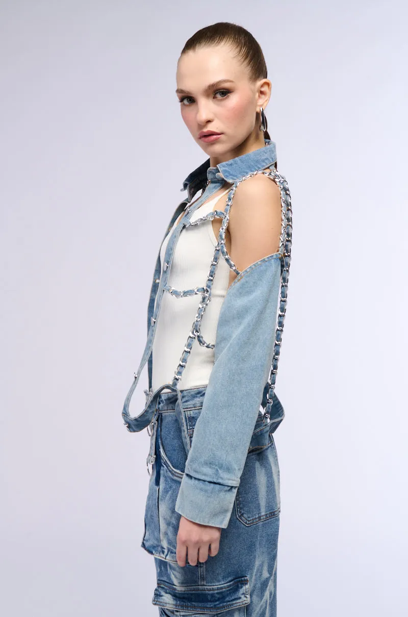 CAGED DENIM AND EXPOSED BODICE JACKET sold by AKIRA product image thumbnail 3