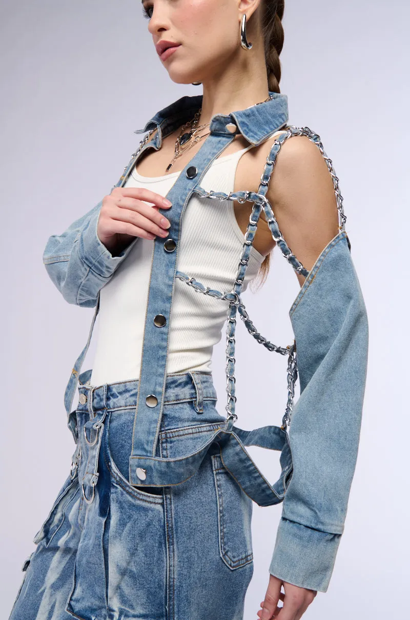 CAGED DENIM AND EXPOSED BODICE JACKET sold by AKIRA product image thumbnail 4