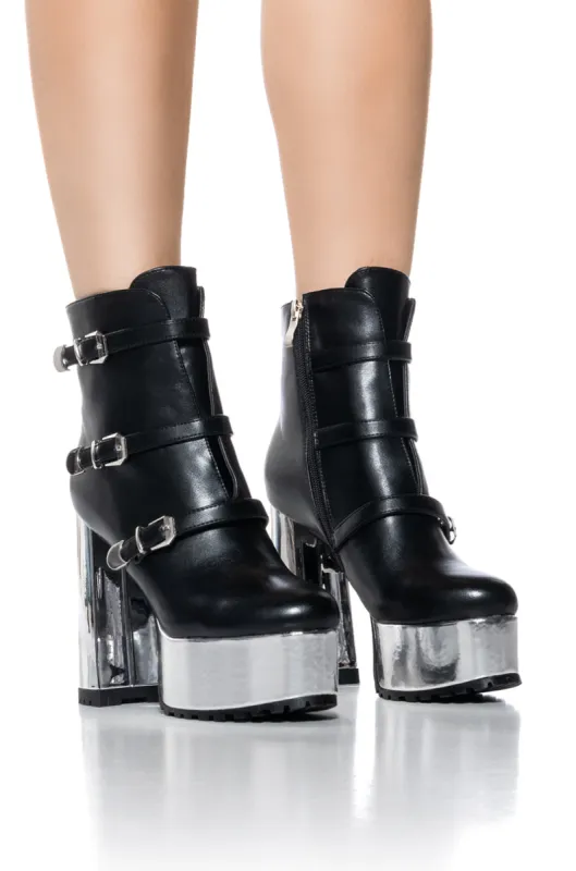 AZALEA WANG AMBREINE BLACK SILVER PLATFORM BOOTIE sold by AKIRA