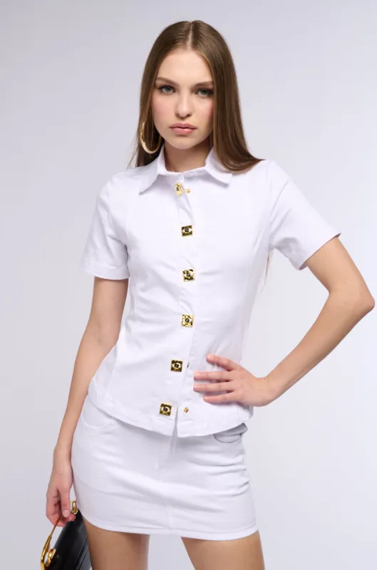 VALENCIA DENIM BUTTON DOWN BLOUSE sold by AKIRA