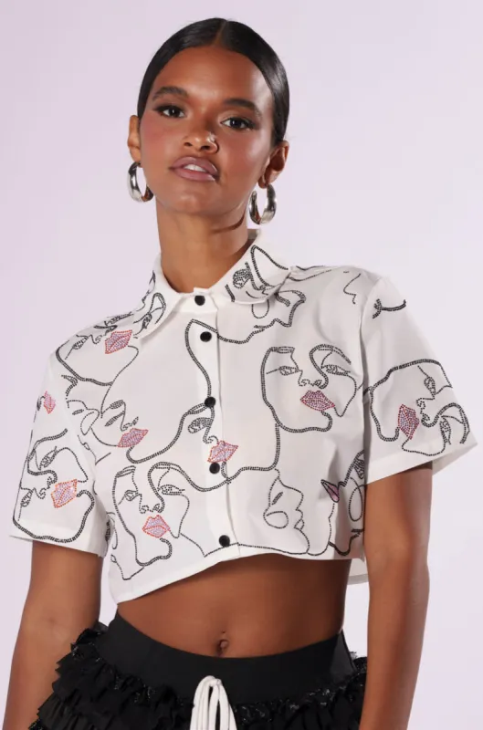 TOO MANY FACES BUTTON DOWN TOP sold by AKIRA