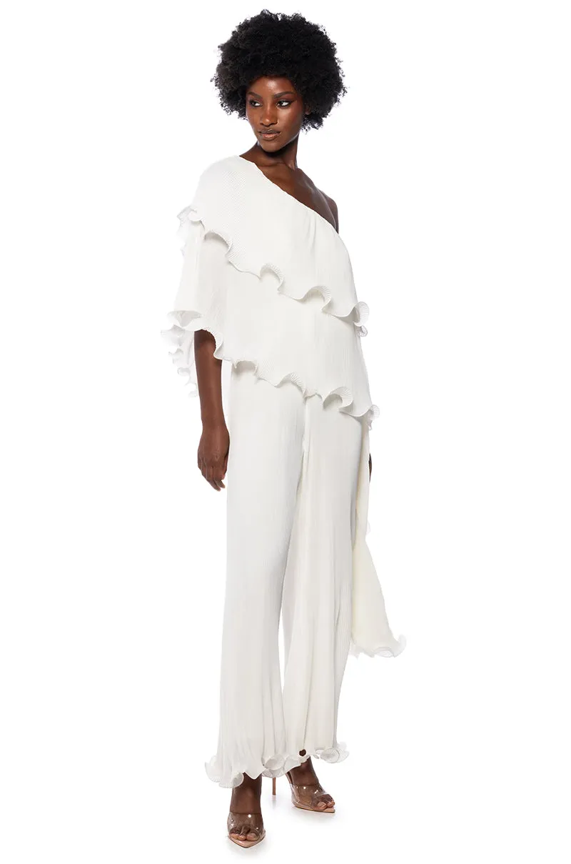 LUCIA PLEATED ONE SHOULDER JUMPSUIT IN WHITE sold by AKIRA